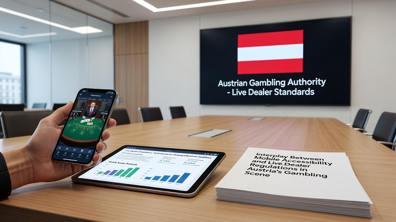 Live dealer studio setup with multiple camera angles and regulatory compliance monitors connected to mobile network testing equipment